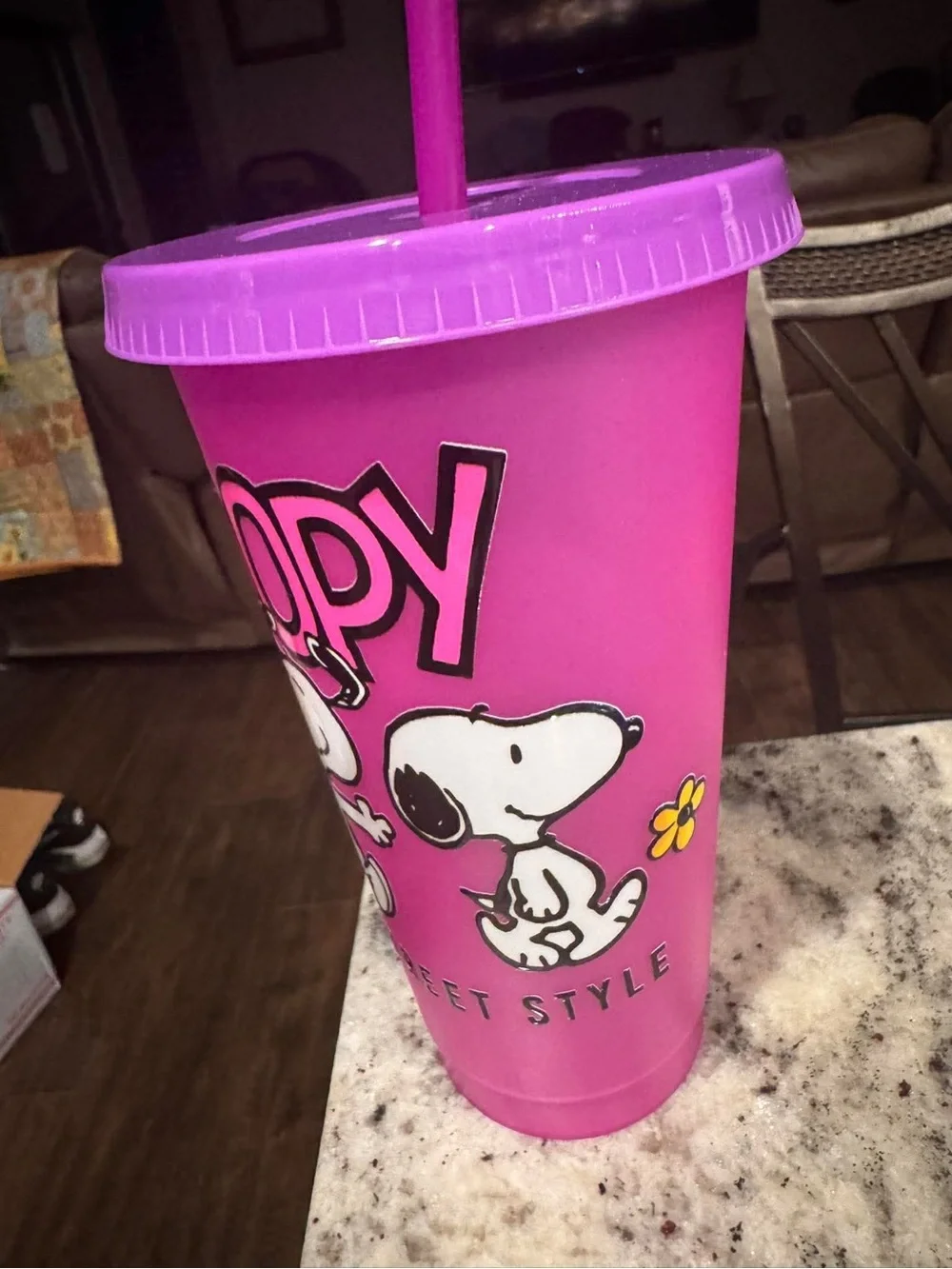 Peanuts Pink Snoopy Plastic Tumbler with Straw color changing cup